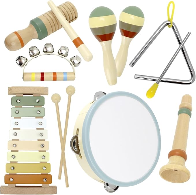 Baby Musical Instruments Montessori Wooden Toys for Toddlers, Neutral Colors Percussion Instruments Set, Modern Boho Xylophone Tambourin