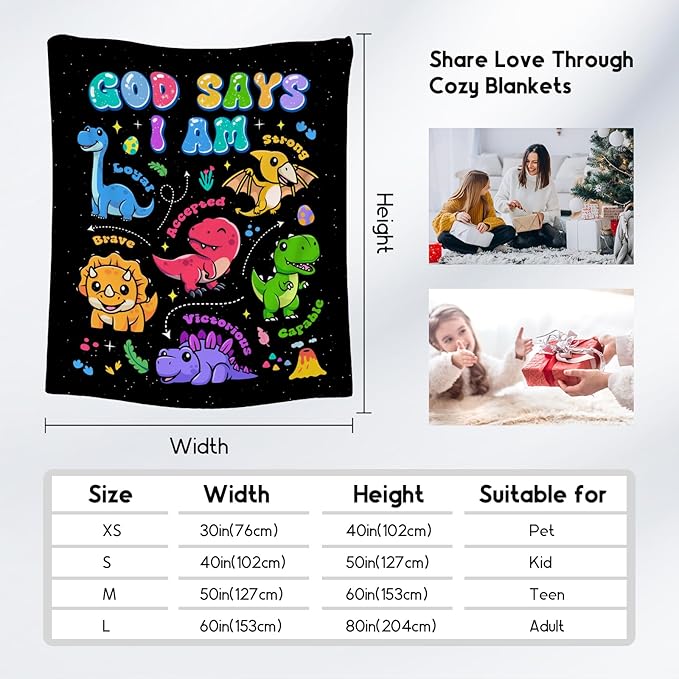 God Says I Am Dinosaur Blanket for Boys, Inspirational Kids Throw Blanket, Soft Plush, 50"x60"