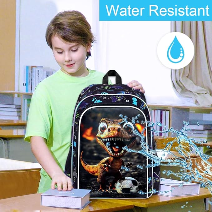 16" Dinosaur Backpack for Boy, 3Pcs Soccer Bookbag for Elementary Preschool Kindergarten, Kids School Backpacks with Lunch Box (Black)