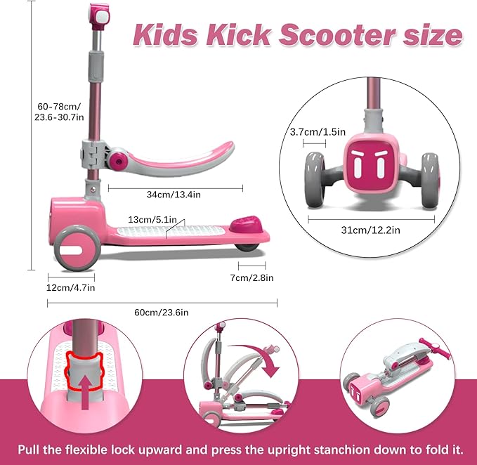Unbreakable & Never Fall Down 2-in-1 Scooters Kids 3 Wheel Kick Scooter for Boys Girls Ages 3-8, Adjustable Height & Seat, Widened Non-Slip Deck, More Safer for Beginner Toddlers