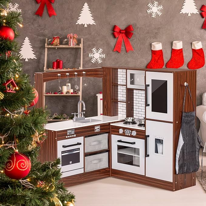 Corner Play Kitchen for Kids, Wooden Toddler Kitchen Playset w/Faucet, Sink, Microwave, Oven, Apron, Blackboard, Storage Cabinets, Pretend Cooking Toys w/Sound & Light Gift for Ages 3+