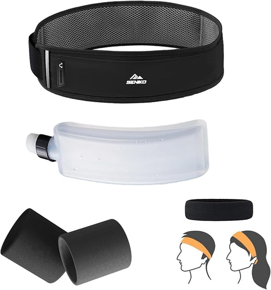 SENIKO Running Belt Hydration with Bottles,Fanny Pack Water Bottle Holder, Zipper Waist Pouch Fits Most phones,Zerobounce Design for Cycling Climbing Marathon (Combination Set)