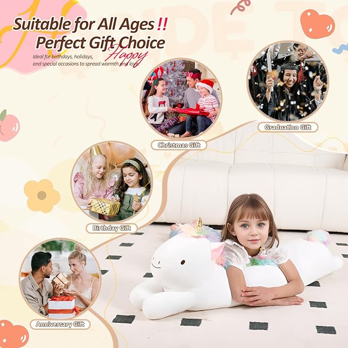 40inch Jumbo Unicorn Plush Stuffed Animal, Giant Rainbow Unicorn Long Body Pillow Plush Toy, Large Stuffed Unicorns Soft Plushie Gift for Kids Boy Girl, Birthday, Halloween, Christmas