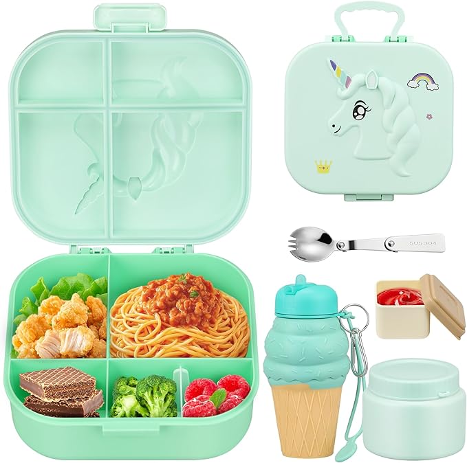 Kids Lunch Box Set -12oz Insulated Food Jar, Thermal Bag,Leakproof Lunch Food Containers Cutlery (BPA Free)-Gift for Girls/Boys Age 3-10(Green+Green Jar)