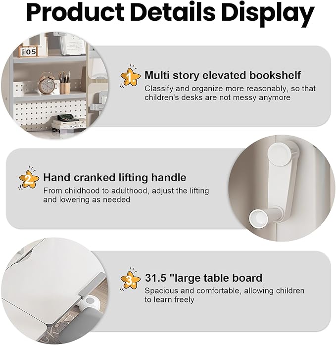 Upgraded Kid's Desk and Chair Set, Adjustable Children's Study Table with Bookshelf and Storage Drawer, 50-Degree Tiltable Desktop with Chair for Bedroom (Grey 125cm)