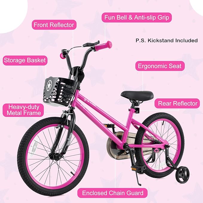 BABY JOY Starry Kids Bike, 12 14 16 18 Inch Bicycle with Training Wheels, Storage Basket, Adjustable Handlebar & Seat, Handbrake & Coaster Brake, Girls Boys Bike