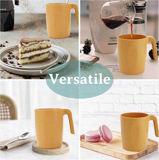 16oz Wheat Straw Cups with handles set of 6-Plastic Cups Reusable-Unbreakable Kids Mugs-Dishwasher Safe & Microwave Safe-Ideal Mugs for Tea,Coffee,Camping,RV-Banana Yellow