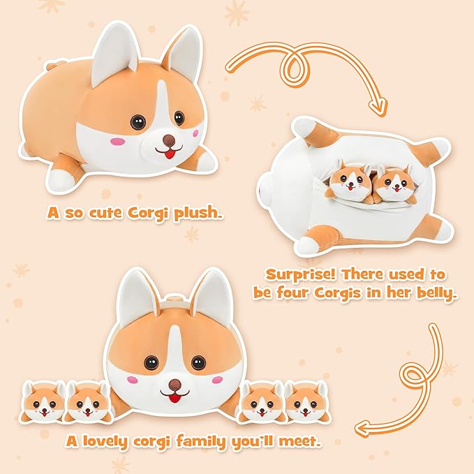 17" Corgi Plush, Soft Stuffed Animal Dog Pillow Toy, Corgi Mommy with 4 Baby Puppy Family Set, Cute Birthday Gift for Kids Boys Girls
