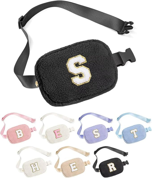 YOOLIFE Birthday Gifts for Women Daughter Sister Friends Mom Girlfriend Aunt Niece, Fleece Belt Bag Initial Fanny Pack Crossbody Bag, Black S