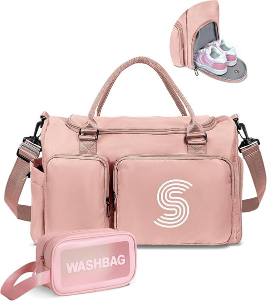 Girls Travel Duffel Bag, Personalized Initials, Pink, 16.9"x9.84"x11.8", Polyester, Zipper Closure, Web Handle, Adjustable Strap, 3 Compartments, Shoe Pocket, Carry-On Compliant