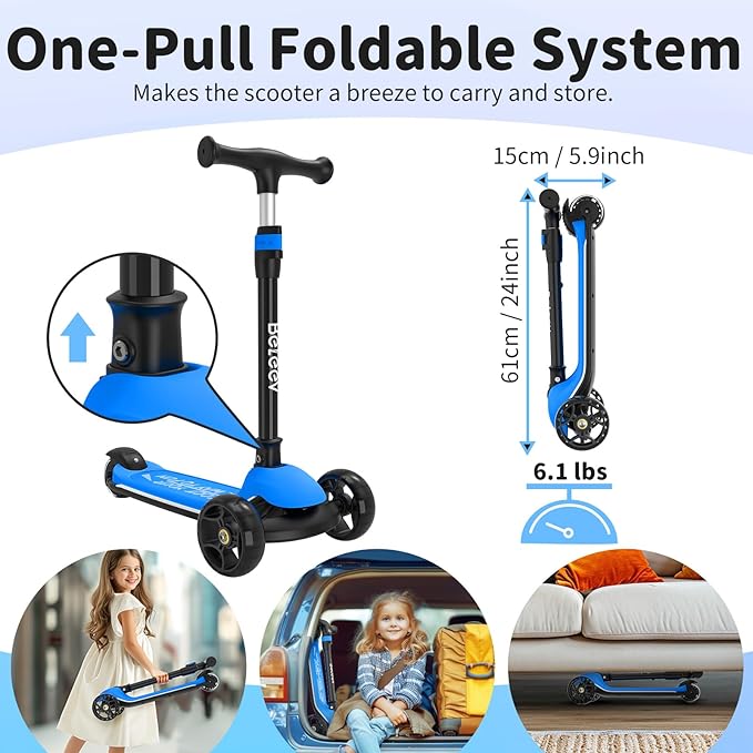 BELEEV A9 Kids Scooter with LED Light-Up Wheels & Deck, 3 Wheel Folding Scooter for Toddlers Girls Boys Ages 3-12, Adjustable Handlebar, Lean to Steer, Extra-Wide Wheels, Kick Scooter for Children