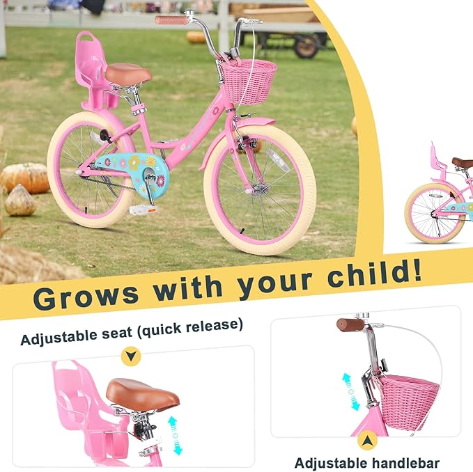 Glerc Maggie Girls Bike, 12-20 Inch Kids Bike for 2-13 Years Old Children, Princess Style Kids Bicycle with Doll-Seat & Basket & Training Wheels, Multiple Colors