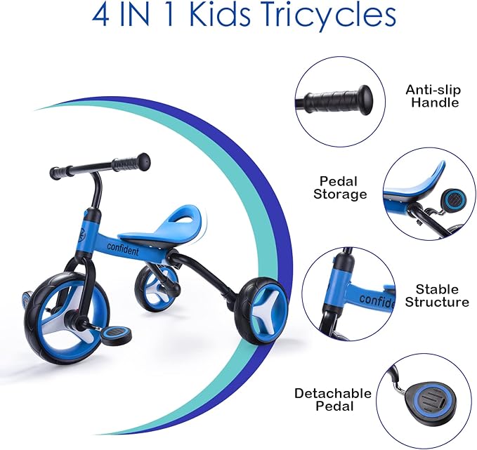 YGJT 4 in 1 Tricycle for Toddlers Age 2-5, Folding Toddler Bike Kids Trike Tricycles with Adjustable Seat and Removable Pedal, Baby Balance Bike Ride-on Toys Gift for Baby Boys Girls Birthday