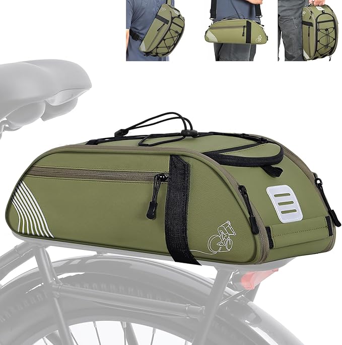 YEEGO DIRECT Bike Rack Bag, 14L Expandable Capacity Bike Bags for Bicycles Rear Rack,Waterproof Bike Trunk Panniers Reflective Design, Crossbody Shoulder Bag for Commuting Outings(Green)