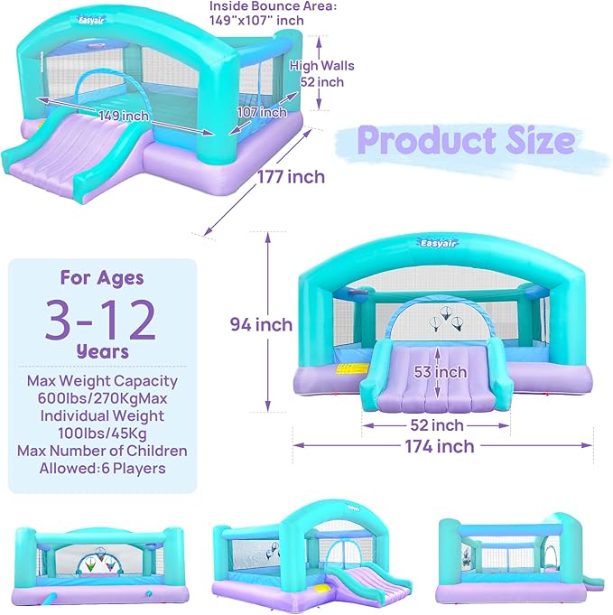 Large Bounce House for Big Kids, 14.8 x 14.5 FT Inflatable Bouncer Jumper Slide with 650W Blower, Basketball Hoop, Throw Ball Game, Ball Pits