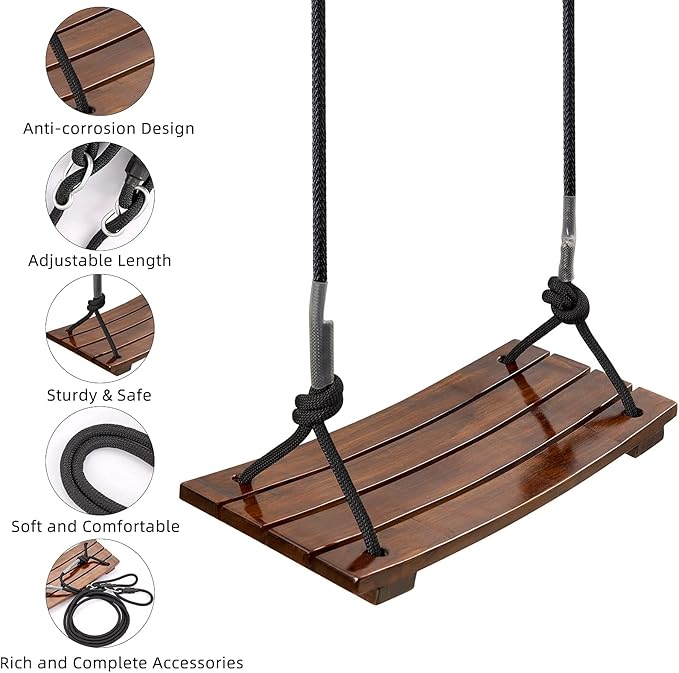 PELLOR Wood Swing Seat, Carbonized Hanging Wood Tree Swing 16.9 x7.9 x0.5 in for Adult Kids Children Anticorrosive & 100% Waterproof Wooden Swing Set 440lbs Load Indoor Outdoor Backyard Play