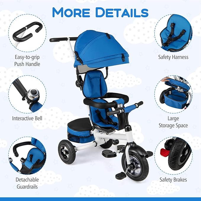 Costzon 5-in-1 Folding Kids Tricycle with Adjustable Push Handle & Canopy, Reversible Seat and Safety Harness, Push Trike with Storage for Toddler Aged 1-5 Years Old, Blue/Gray/Pink