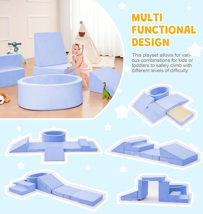 Foam Climbing Blocks with Ball Pit & Stairs for Toddlers Aged 1-3 -Soft Playset for Indoor Crawling, Foam Playground Set for Baby to Active Playing Inside -(Balls NOT Included),Light Blue