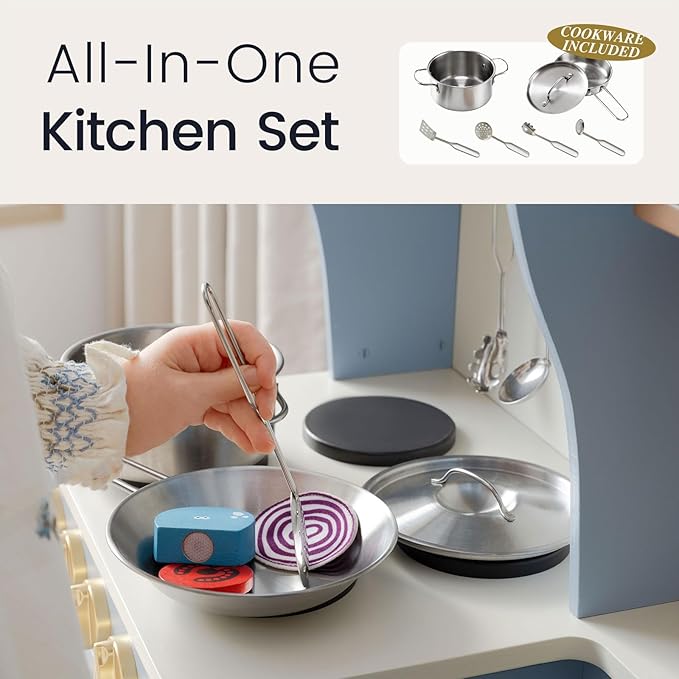 Tiny Land Play Kitchen for Kids, Wooden Toy Kitchen Set with Storage & Accessories, Toddler Kitchen Playset with Stove & Sink, Kids Kitchen Playset Gift for Ages 3-8