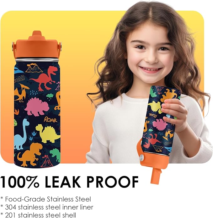 Dinosaur Gifts for Kids - 16oz Colorful Dino Water Bottle with Straw Lid, Stainless Steel Insulated Tumbler, Leakproof, BPA-Free, for Boys & Girls, School, Travel - Dino Lovers Birthday Gift Cup (1pc)