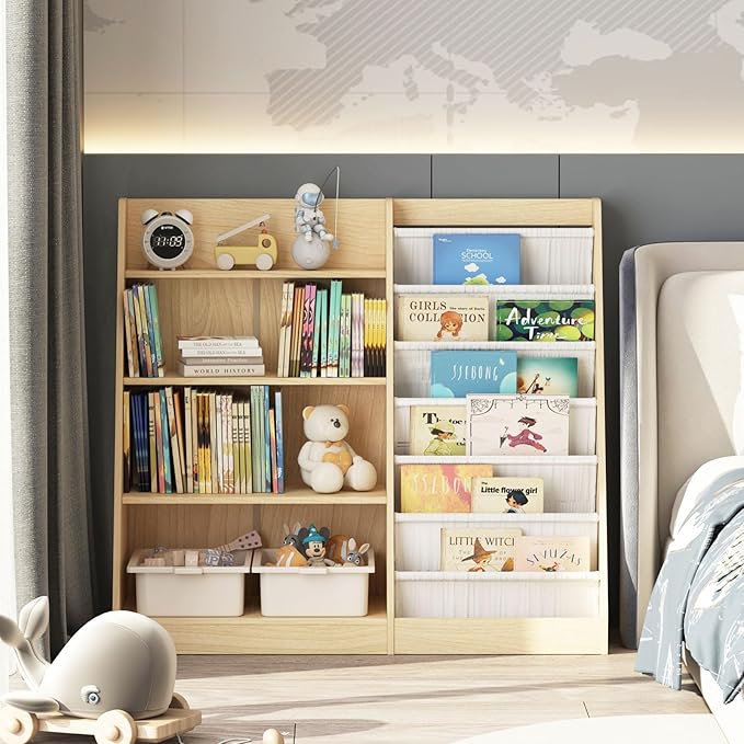 4 Tier Kids Bookshelf Baby Toddler Book Rack Children Bookcase Toy Storage Organizer with 6 Sling Adjustable Shelf for Nursery Playroom Classroom Library Bedroom Natural Wood