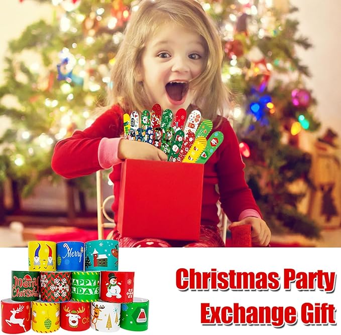 100Pcs Christmas Slap Bracelets Bulk, Christmas Toys Party Favors Fidget Toys, Xmas Snap Wristbands for Kids Xmas Gifts, Goodies Stocking Stuffers, Classroom Prizes for Boys Girls