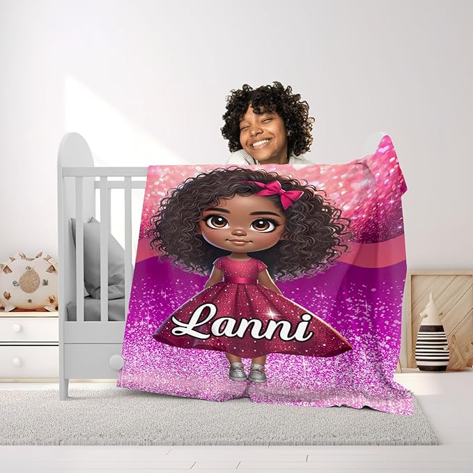 Personalized Baby Blanket, Custom Photo Kids Blanket with Name, Cute Glitter Dress Design, Soft Plush Throw Blanket, for Baby Girl