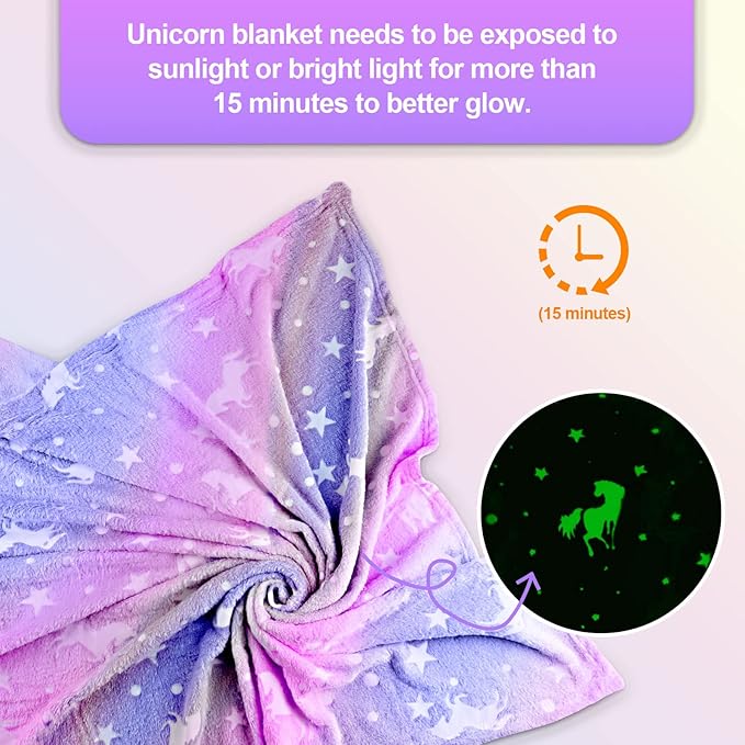 TEHALK Personalized Unicorn Blanket for Girls, Glow in The Dark, Fleece 30"x40"