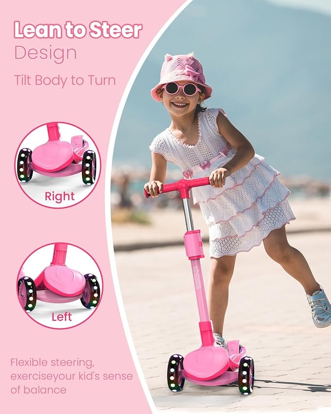 2-in-1 Adjustable Kick Scooter for Kids 3-5 (Suitable 3-12 Years),5-Level Handlebar & Removable Seat, LED Light-Up Wheels, Wide Deck, Foldable Design for Indoor/Outdoor Use - Girls & Boys