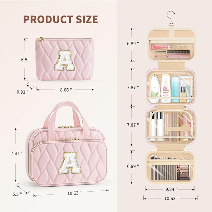 YOOLIFE Teen Girl Gifts Trendy Stuff - Birthday Gifts for 7 8 9 10 11 12 13 14 15 16 17 18 Year Old Teen Girls Hanging Toiletry Bag Initial Makeup Bag - Letter Pink E