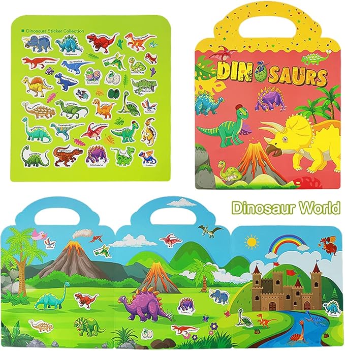 Reusable Sticker Books for Kids, 3 Sets Travel Removable Toddler Sticker Books for 3 4 5 Year Old Girls Boys Birthday Gifts Educational Learning Toys for Age 3-5 - Ocean & Zoo Animals, Dinosaur