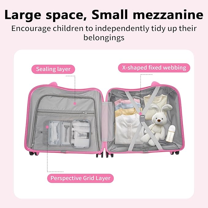 18" Children's Ride On Trolley , Ride-on Travel Suitcase, Cute Ear Toddler Carry on Luggage with Spinner Wheels, Children Rolling Trolly Luggage, Unisex Boys Girls Travel Suitcase With Lock (18“ Pink)
