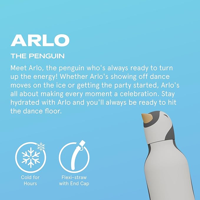 asobu Bestie Bottle Insulated Stainless Steel Water Bottle with Detachable Soft Animal Head Fun Drinking For Kids and Teens with Flexible Reusable Straw 16 Ounce (Penguin)