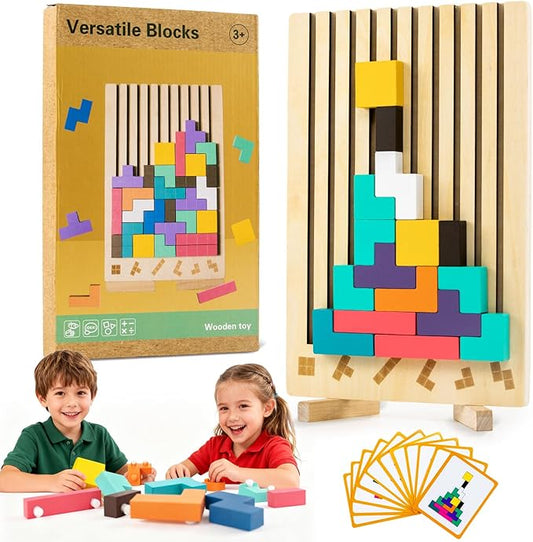 Wooden Montessori Russian Blocks Puzzle – 3D Stacking Toy for 3-6 Year Olds Toddlers Educational Gift & Brain Teaser for Critical Thinking Montessori Brain Blocks for Boys & Girls (Classic)