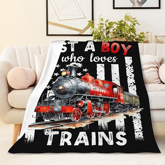 Train Blanket for Boys - Cute Throw Blanket Gifts for Kids Cars Lovers - 40x50 Inches Black Soft Fuzzy Car Blankets for Couch Travel - Trains Stuff Bedroom Decor