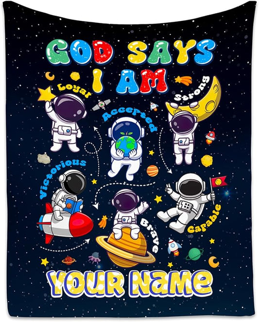 Personalized Planet Blanket, Kids Throw Blanket for Boys, Planet Gifts for Toddler Child, God Says I Am Blanket for Kids, Inspirational Gifts for Son, Soft Plush Throw Blankets for Couch, 50"x60"