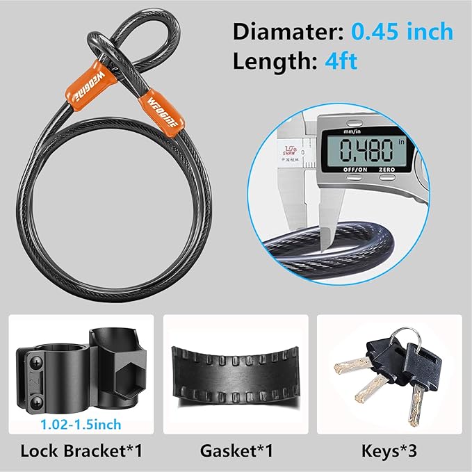 Bike Lock - Heavy Duty Anti Theft Bike U Lock with 5ft Security Steel Cable - 17mm Shackle Bicycle U-Locks with Keys & Sturdy Mounting Bracket for Road, Mountain, Electric Bike