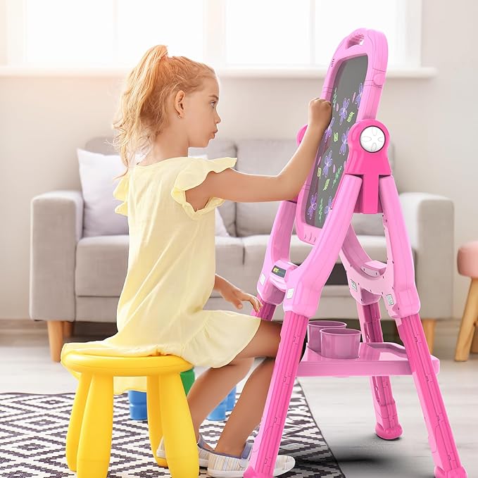 Easel for Kids, Toddler Art Easel Adjustable Standing, Magnetic Double Sided Easel with Painting Accessories, Gift for Girls (Light Pink)