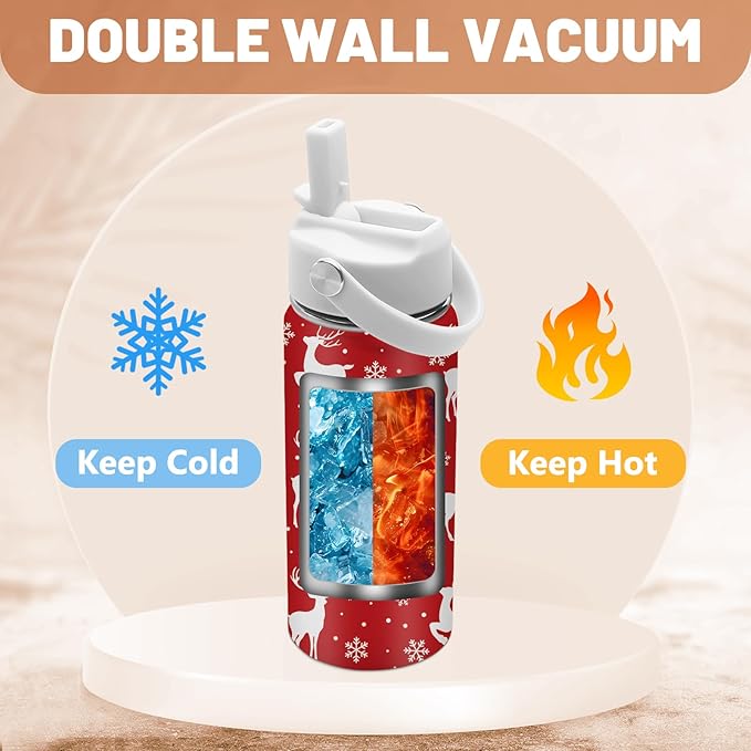 Christmas 16 oz Water Bottle with Straw Lid, Stainless Steel Insulated Tumbler, Deer Water Bottles, Reindeer Cup Gifts for Christmas Birthday (1pcs)