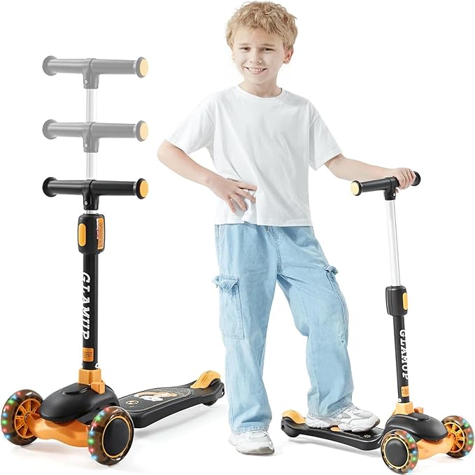 GLAMUP Kids Kick Scooter 3 Wheels, Kids Scooter Height Adjustable Handlebar, Lean-to-Steer System & Easy-Folding Mechanism, Ages 3-14 Boys and Girls