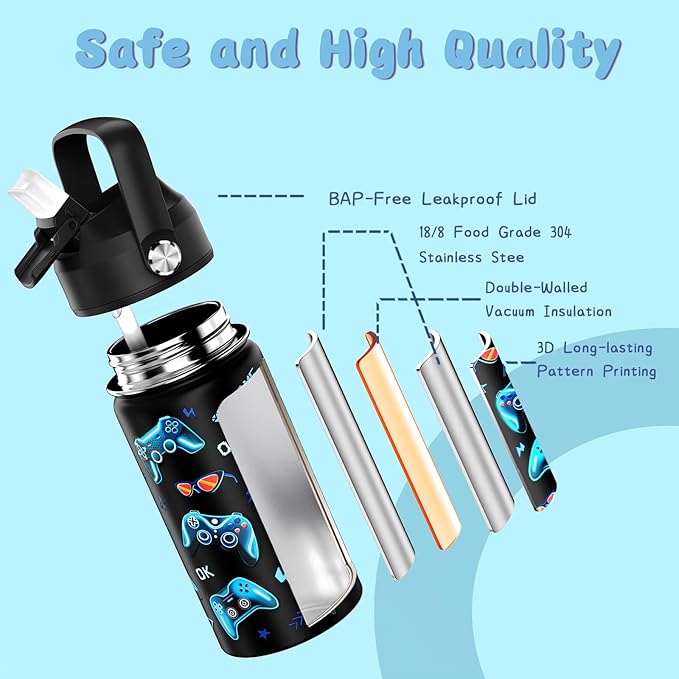 14oz Kids Insulated Water Bottle with Straw Lid - 18/8 Stainless Steel Kid Cup Travel Tumbler Double Wall Vacuum Leak Proof Portable Toddler Water Bottle (Game)