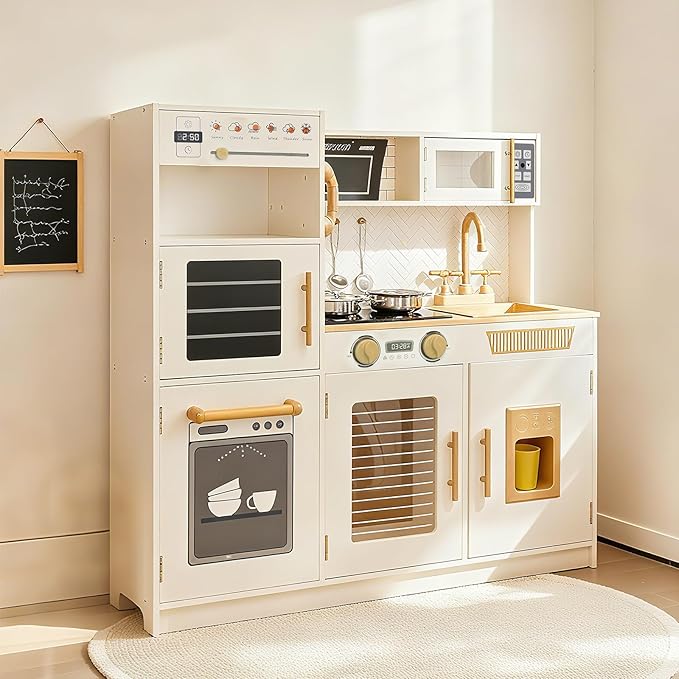 YUG Kids Play Kitchen Set with Real Lights & Sounds Toddler Kitchen Playset Including Stove, Oven, Dishwasher, Ice Maker, Pretend Kitchen Toy for Boys Girls Ages 3+, ASTM CPSIA Compliant