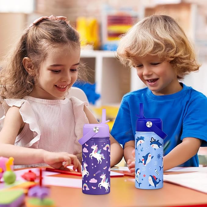 Unicorn Kids Water Bottle With Straw Lid 12oz Insulated Stainless Steel, Travel Tumbler, Unicorn Gifts For Girls, Birthday, Christmas, Back To School