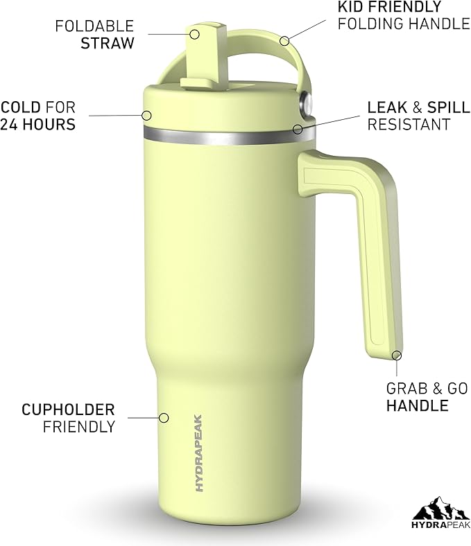 Hydrapeak Kids Voyager 18 oz Tumbler with Handle and Flip-Up Straw Lid | Spill Proof and Leak Resistant | Reusable Stainless Steel Water Bottle | Gift for Kids Boys Girls | Citrus