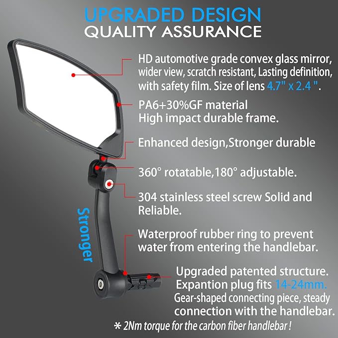 Handlebar Bike Mirror - HD Blast-Resistant, Adjustable Rotatable Rearview Mirror for Left Side Bicycle