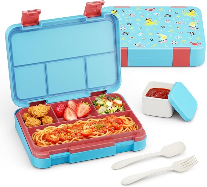 Bento Lunch Box for Kids, 4 Compartments Kids Leak Proof Back to School Bento Lunch Boxes Food Containers for School, Travel, On-the-Go Meal, Food Grade, Microwave, Dishwasher Safe