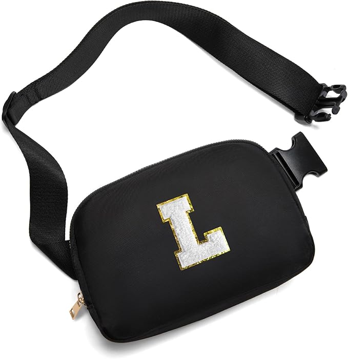 Gitus Birthday Gifts for 8 9 10 11 12 13 Year Old Girls Personalized Fanny Pack Crossbody Bags with Initial Letter Patch Belt Bag for Teen Girls Cute Trendy Stuff Travel Essentials (Black-L)