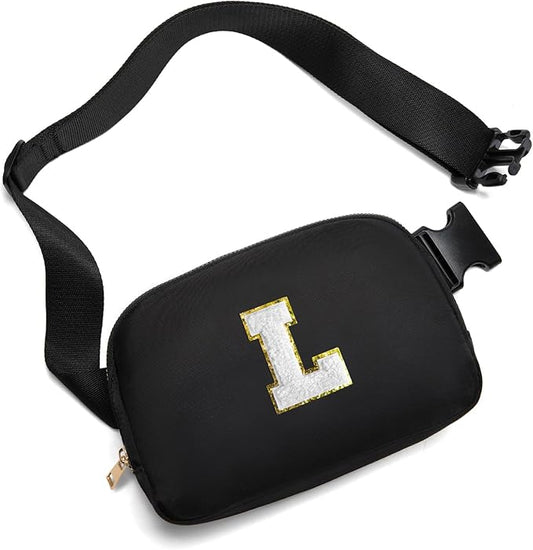 Gitus Birthday Gifts for 8 9 10 11 12 13 Year Old Girls Personalized Fanny Pack Crossbody Bags with Initial Letter Patch Belt Bag for Teen Girls Cute Trendy Stuff Travel Essentials (Black-L)