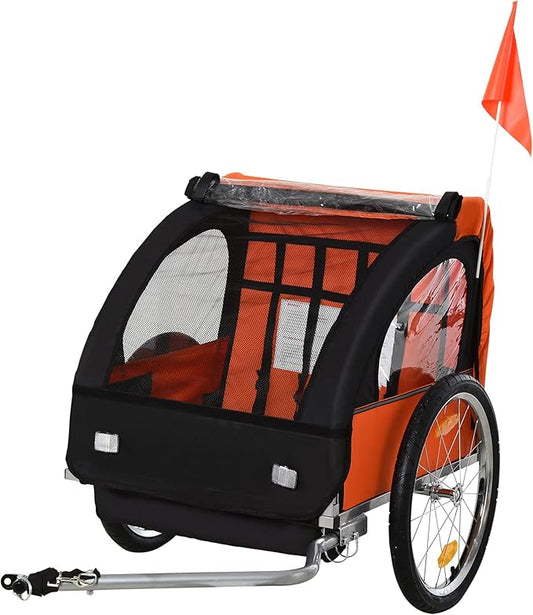 Aosom 2-Seat Child Bike Trailer for Kids with a Strong Steel Frame, 5-Point Safety Harnesses, & Comfortable Seat