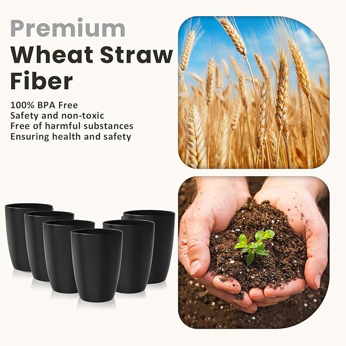 Homienly Wheat Straw Cups, 20 OZ Drinking Cups Set of 6, Plastic Cups Reusable, Stackable Kitchen Cups Set, Dishwasher Safe Water Glasses, Unbreakable Drinking Glasses for Camping, Traveling - Black